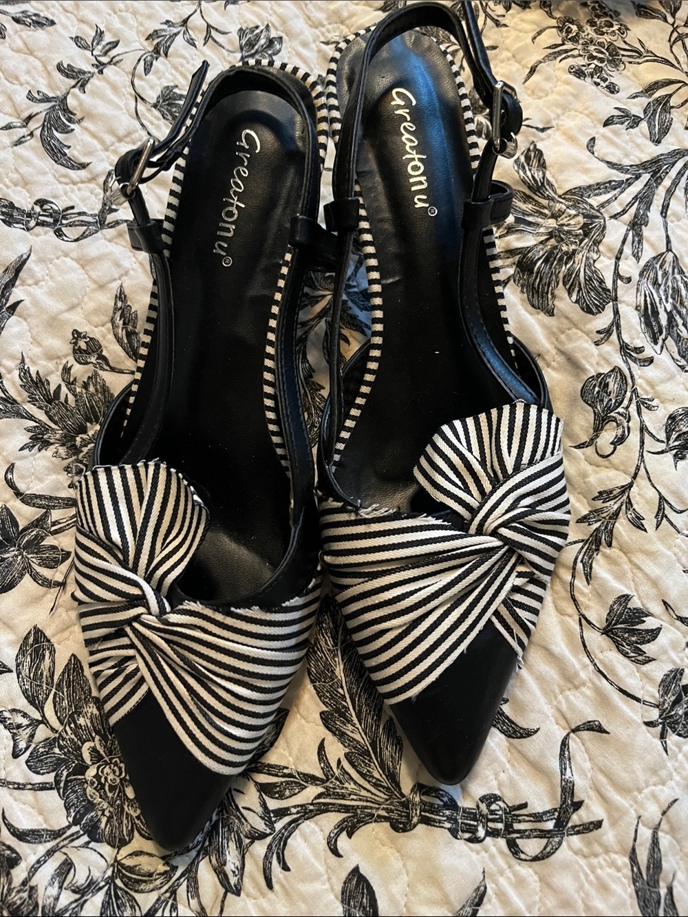 Greatonu Black & White Striped Pointed Knot Slingback Mules
